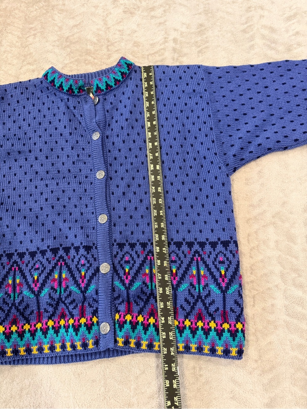 Dale of Norway Blue Geometric Knit Button Vintage Nordic Wool Cardigan Sweater L - Picture 4 of 7